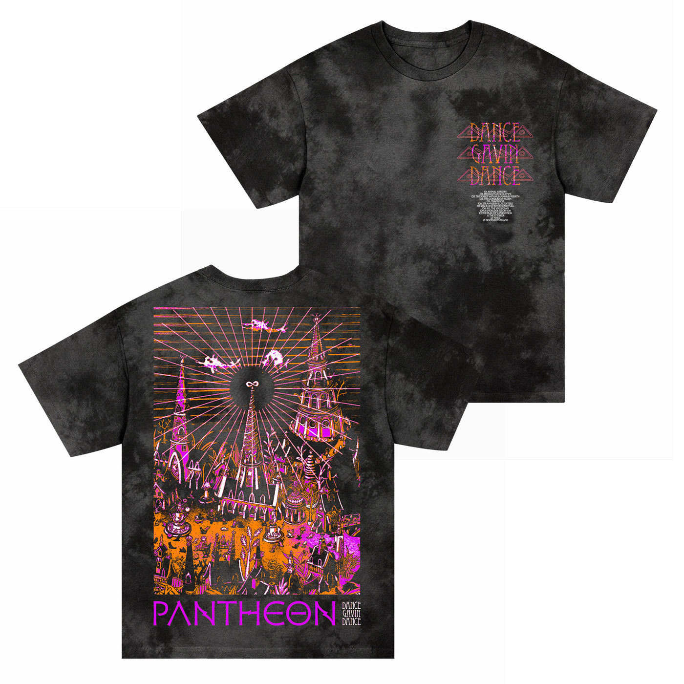 Dance Gavin Dance black crystal dye tee with pink logo on front. Back shows a vibrant surreal cityscape in orange, purple, and pink, featuring "Pantheon" in bold purple at the bottom.