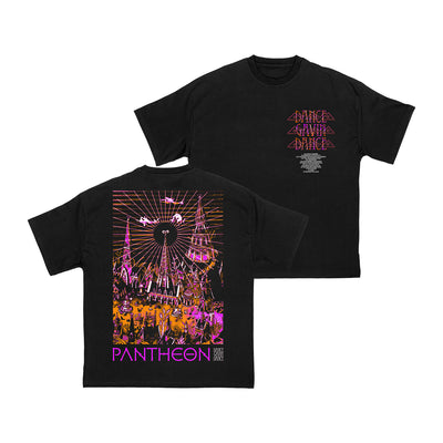 Dance Gavin Dance black t-shirt featuring a vibrant purple and orange fantasy city illustration with "PANTHEON" text on the back; front has band name and tour dates in stylized lettering on the upper left chest.