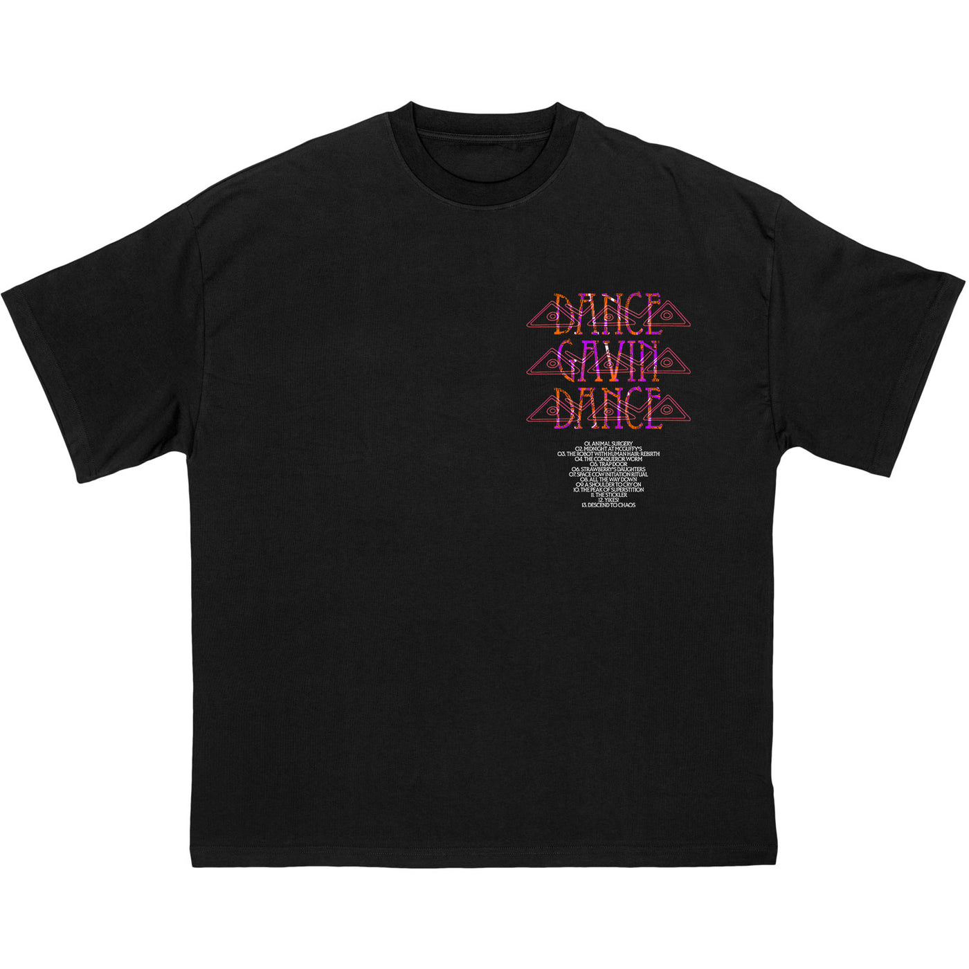 Black Dance Gavin Dance Comfort Colors tee with short sleeves and a crew neckline. Features three stacked neon pink and yellow logos on the upper left chest, plus smaller white text below.