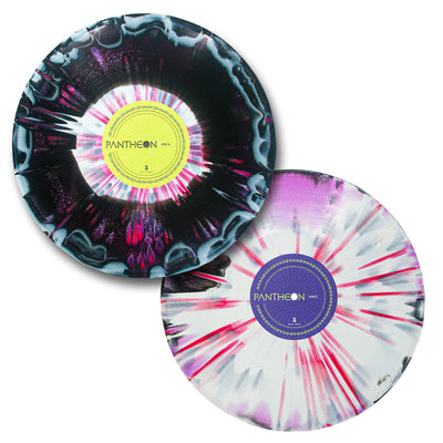 Two vinyl records with colorful designs and Pantheon labels on a white background