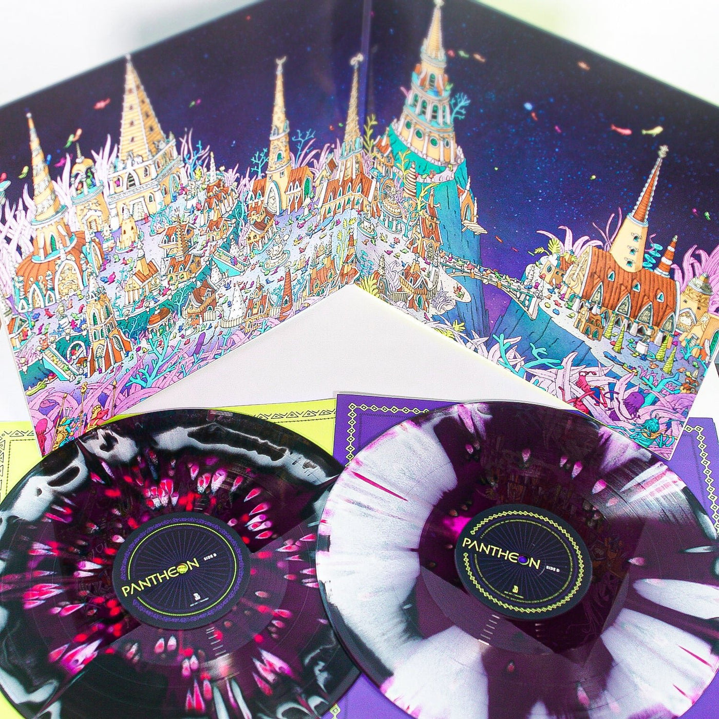 Vinyl records with colorful album cover featuring a fantasy cityscape.