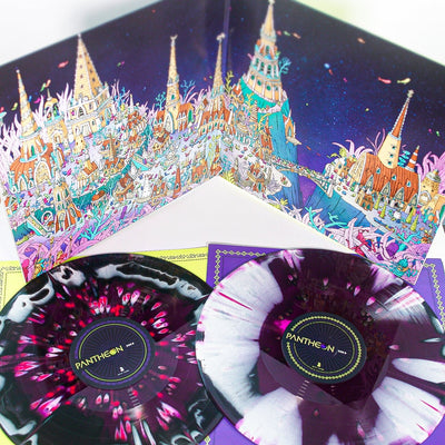 Vinyl records with colorful album cover featuring a fantasy cityscape.