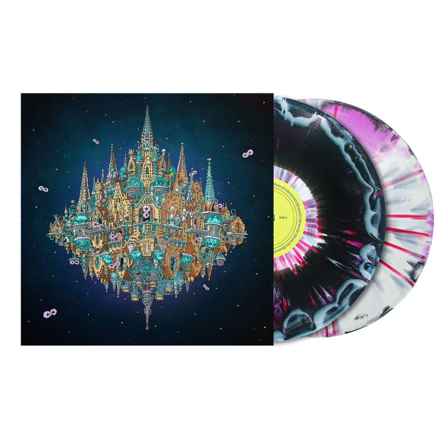 A vibrant illustrated album cover features a floating, ornate castle on a starry backdrop, with purple, black, and Pantheon White marbled Double Vinyl LP partially visible—a must-have collector’s item for any Dance Gavin Dance fan.