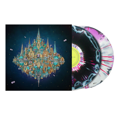 A vibrant illustrated album cover features a floating, ornate castle on a starry backdrop, with purple, black, and Pantheon White marbled Double Vinyl LP partially visible—a must-have collector’s item for any Dance Gavin Dance fan.