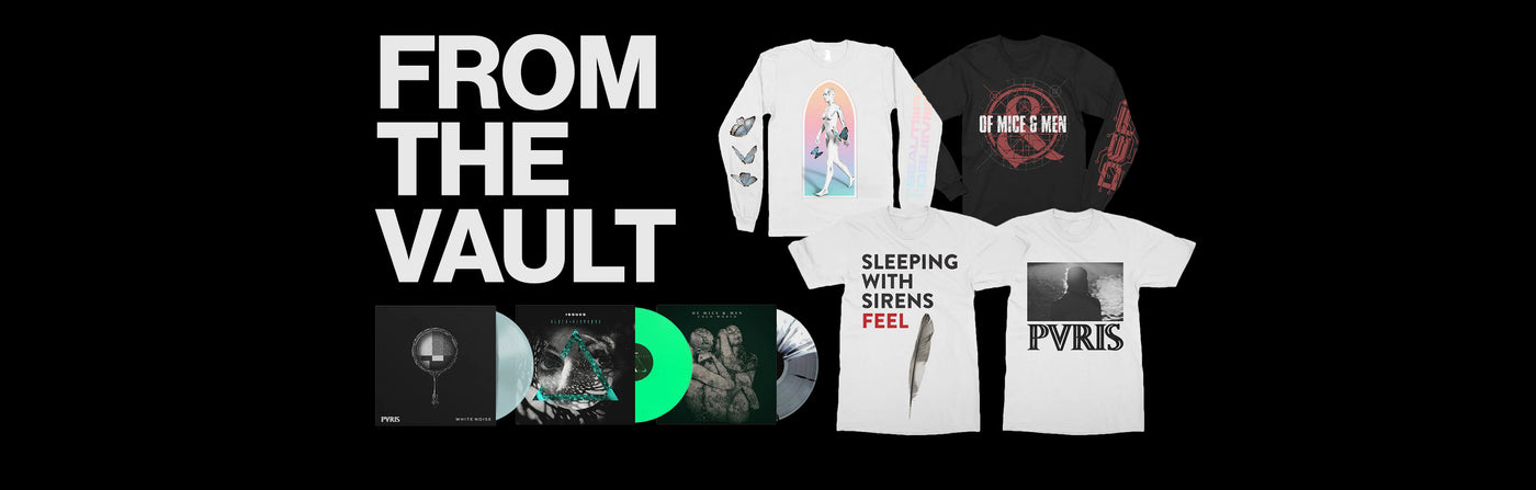 Merchandise display with FROM THE VAULT text and various band items ...