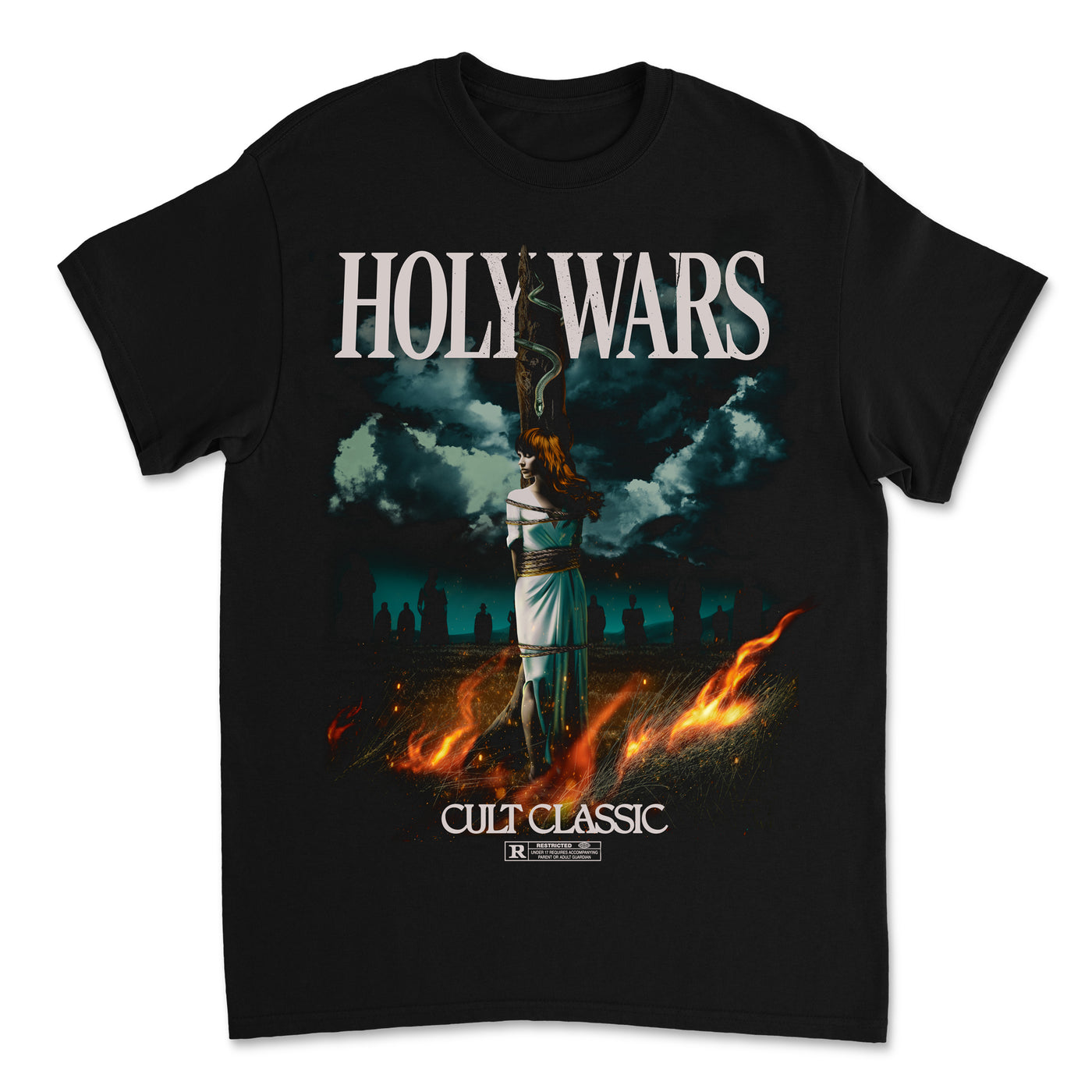 The Holy Wars cult classic t-shirt features a graphic of a woman tied to a stake with flames at her feet, stormy clouds above, and "HOLY WARS" and "CULT CLASSIC" printed across the design.