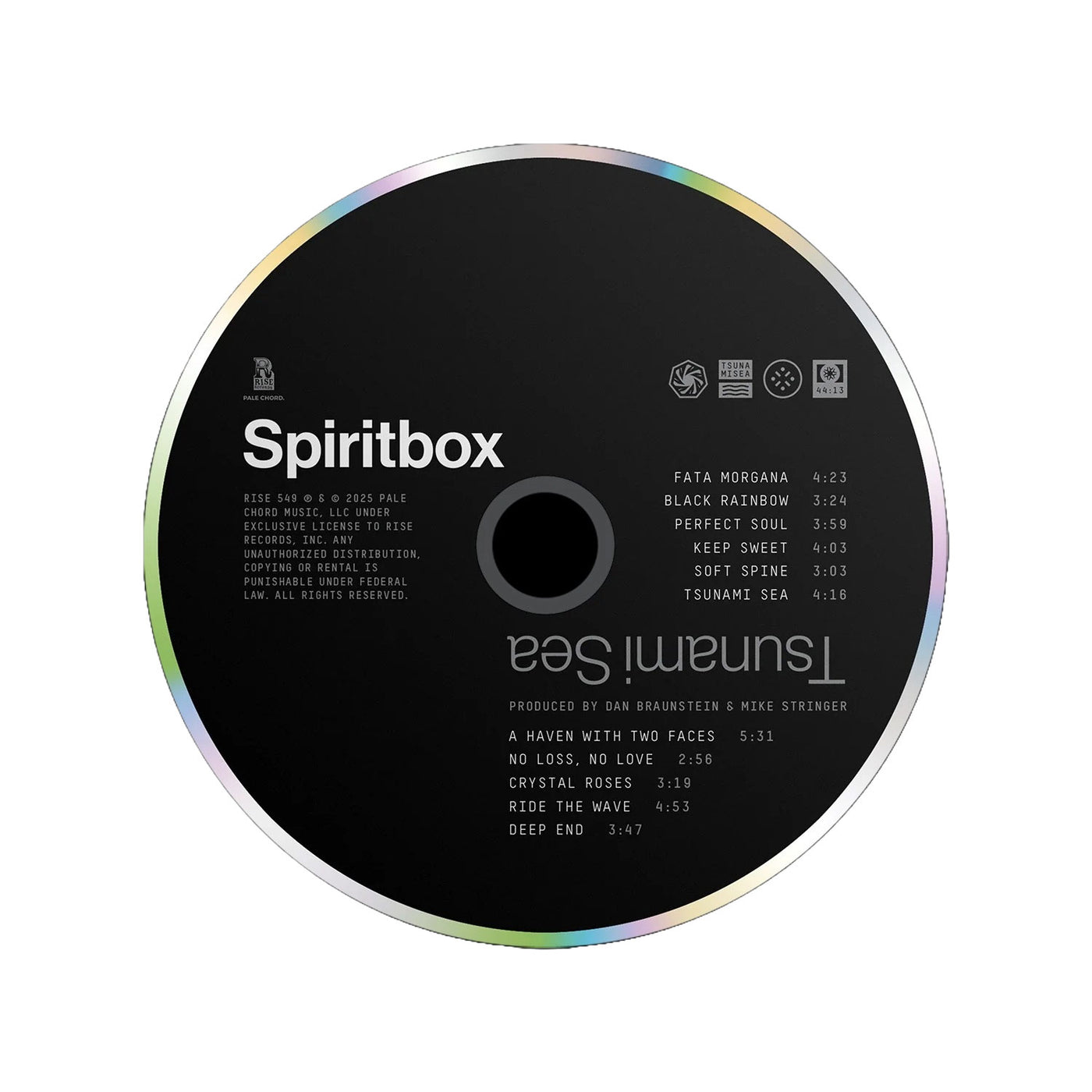 A black CD from Spiritbox titled "The Fear of Fear" is shown, featuring the track list—including Fata Morgana and Tsunami Sea—in white text on its surface.