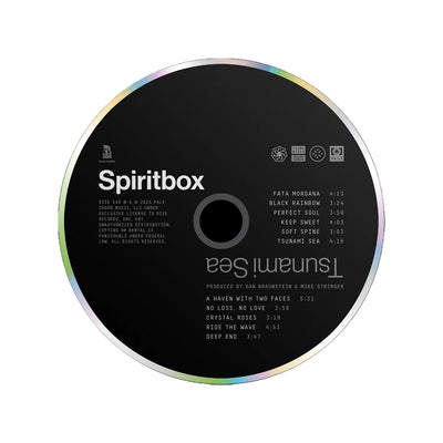 A black CD from Spiritbox titled "The Fear of Fear" is shown, featuring the track list—including Fata Morgana and Tsunami Sea—in white text on its surface.