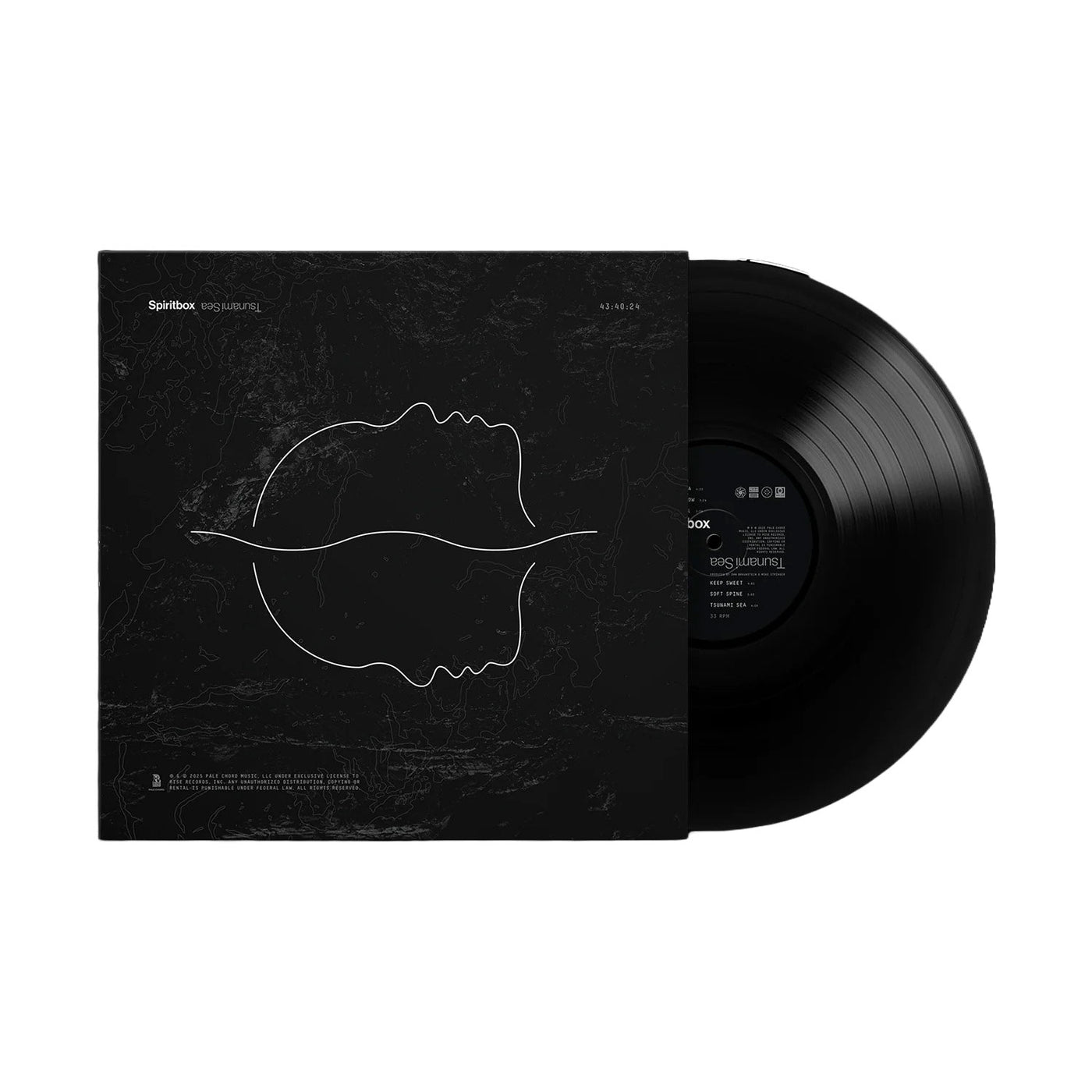 A Spiritbox Standard Vinyl LP is partially slid out of a dark cover with minimalist white line art showing two mirrored faces in profile, connected at the nose, on a textured black background.