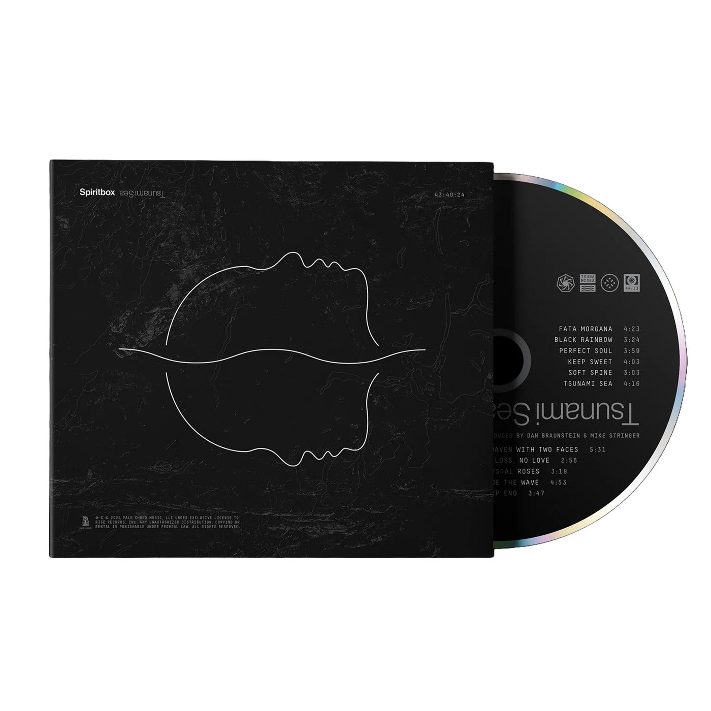 A Spiritbox CD, Eternal Blue, partially slides from its black case with minimalist white line art of two mirrored faces. The disc’s gradient edge and "Tsunami Sea" on the track list are visible. Brand: Spiritbox.