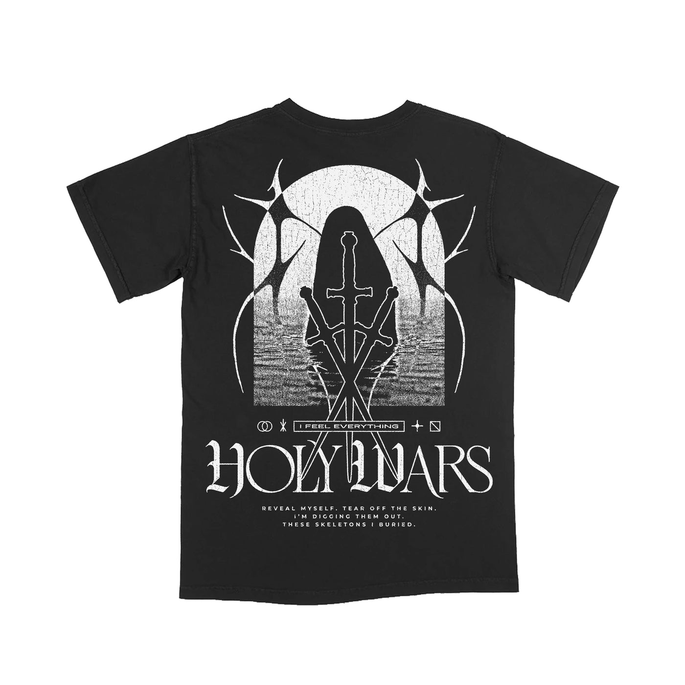 Holy Wars black T-shirt made from Comfort Colors, features a white sword graphic framed by an arched abstract window. Bold "HOLY WARS" text and smaller printed details complete the design.