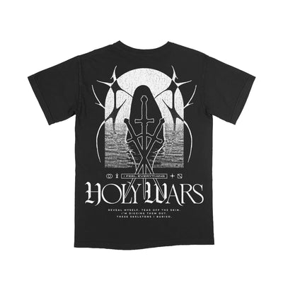 Holy Wars black T-shirt made from Comfort Colors, features a white sword graphic framed by an arched abstract window. Bold "HOLY WARS" text and smaller printed details complete the design.