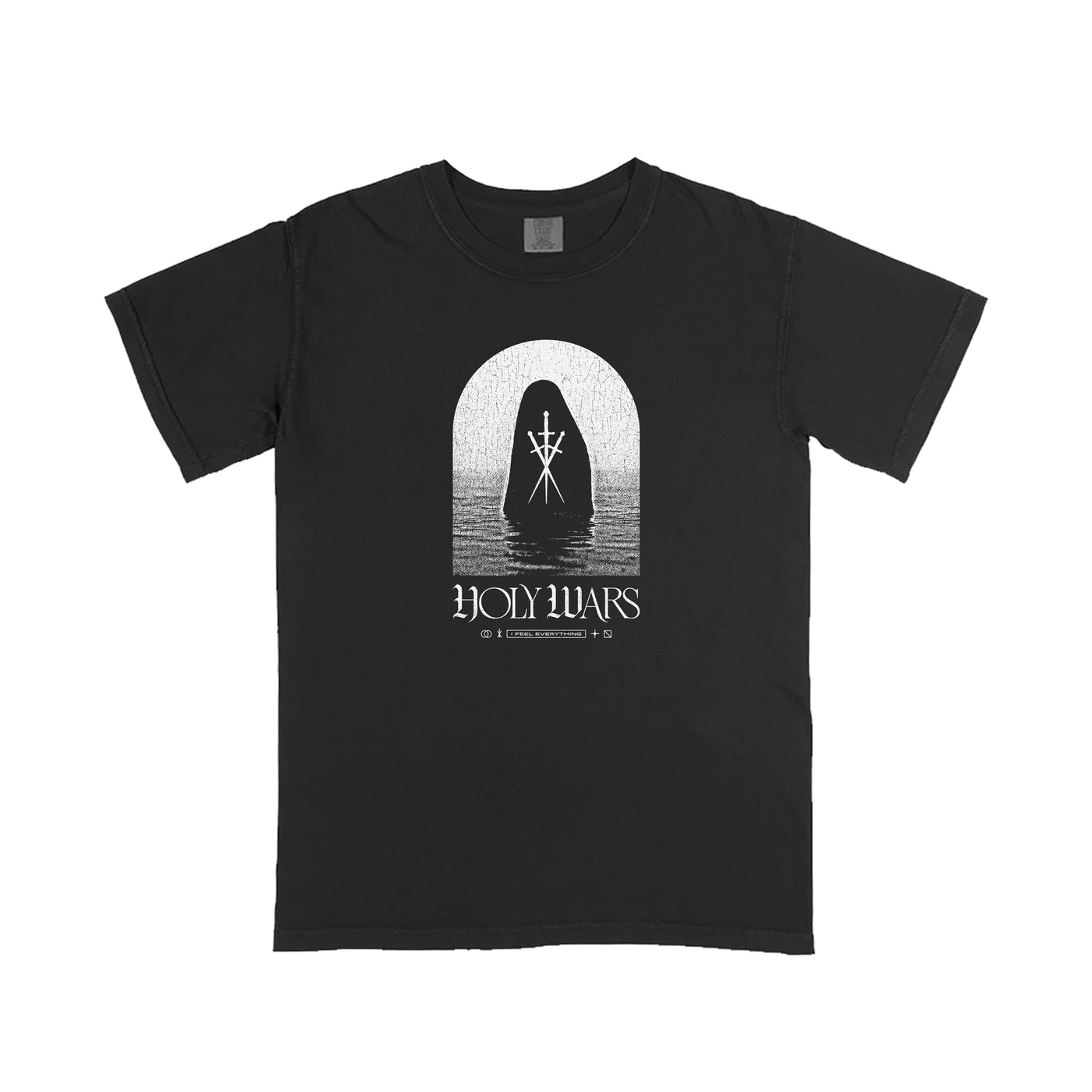 Holy Wars black t-shirt on Comfort Colors features a white graphic of a hooded figure under an arch over water. "HOLY WARS" is printed below with decorative symbols and writing for a unique printed apparel style.