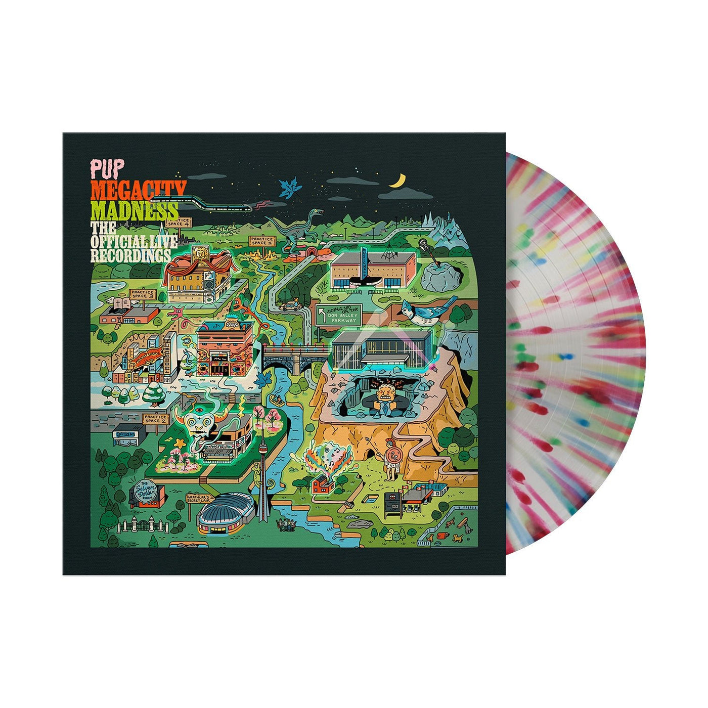 A vibrant PUP Megacity Madness vinyl splatter LP sits next to its illustrated album cover. Secure this must-have presale album—PUP: Megacity Madness, The Official Live Recordings—for collectors and fans alike.
