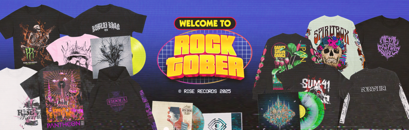 A colorful banner features band t-shirts and vinyl records on both ...