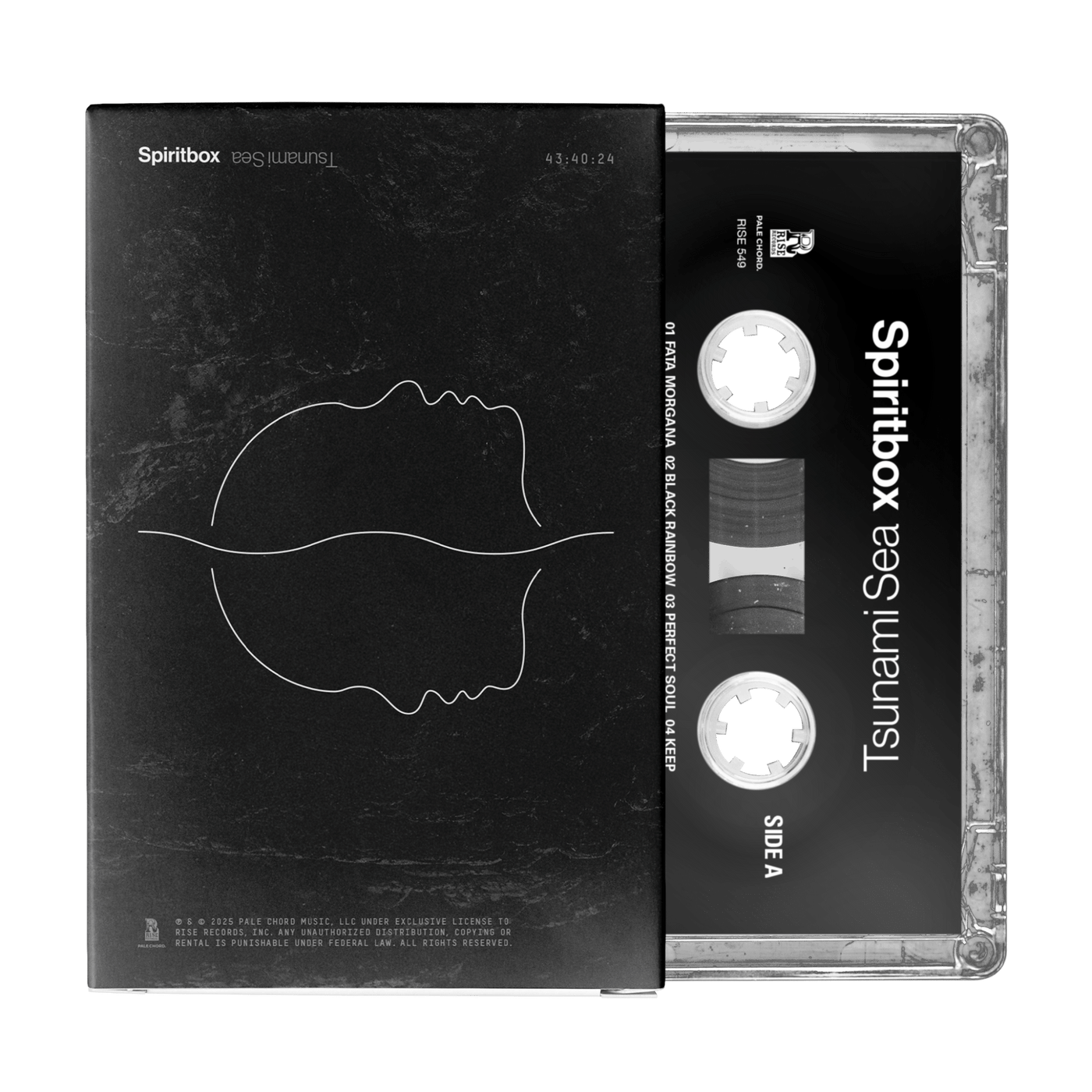 A Spiritbox black liner cassette tape for “Tsunami Sea” partially slides from its case, which shows minimalist white line art of two mirrored faces on a dark background; the tape itself displays the album title and side label.