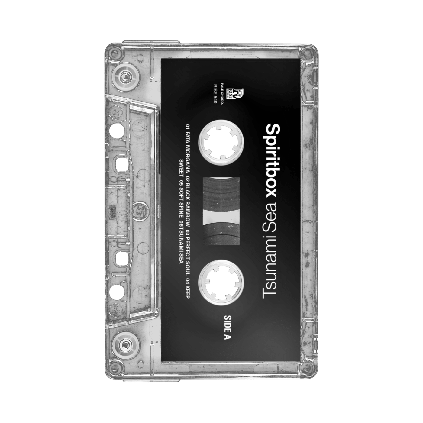 A clear black liner cassette tape by Spiritbox, labeled "Tsunami Sea," features black and white text with the tracklist visible on the front. The transparent cassette displays SIDE A and is set against a light background.