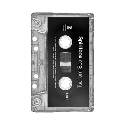 A clear Black Liner Cassette Tape by Spiritbox, labeled with Spiritbox and Tsunami Sea on Side A, visible tape reels, and track listing text, set against a black background.
