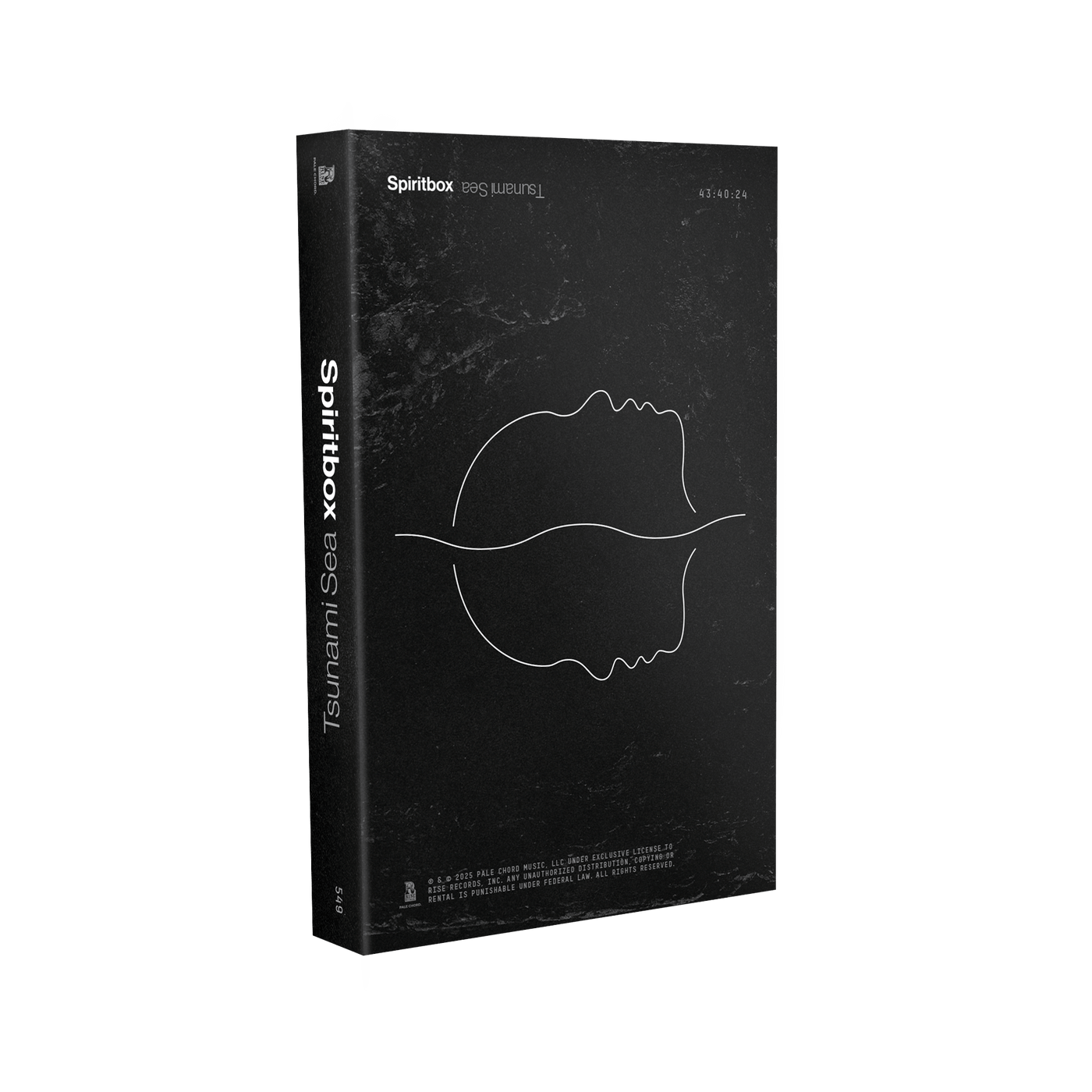 A black rectangular box displays Spiritbox and Rotoscope with an abstract white line drawing of two mirrored faces in profile. The minimalist cover uses white text and contains a Black Liner Cassette Tape. Brand: Spiritbox.