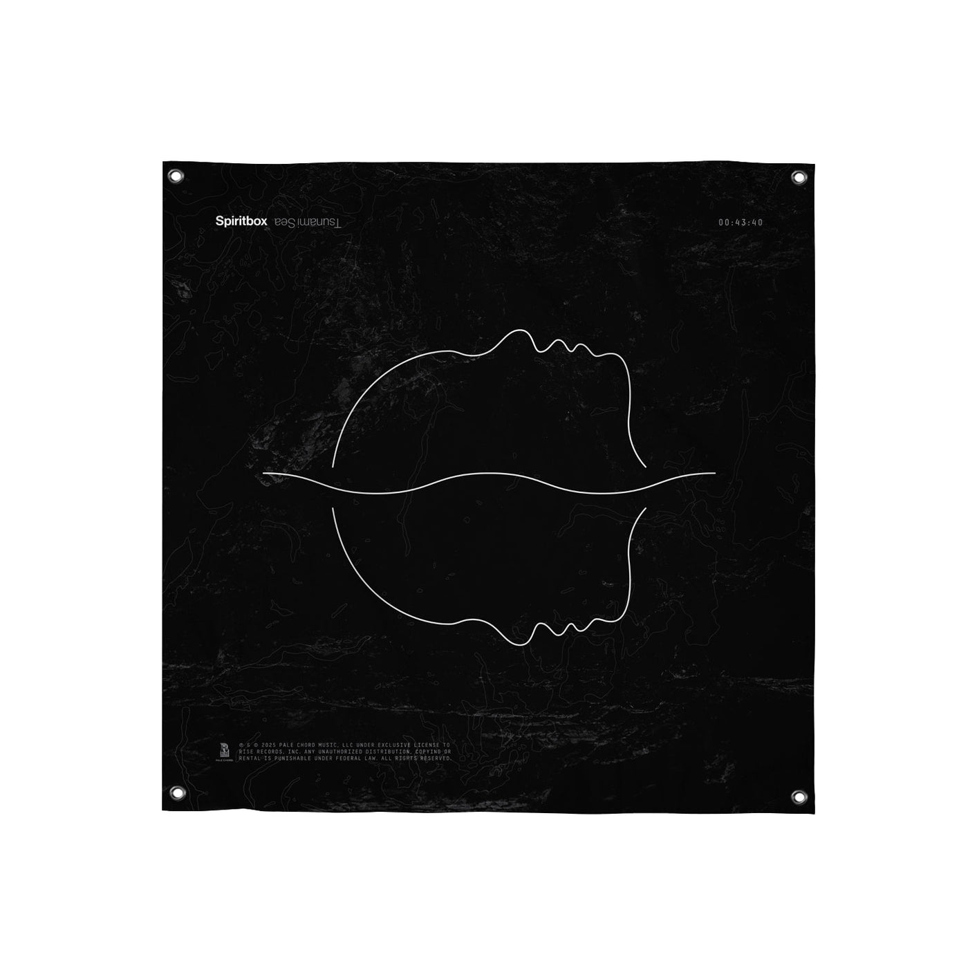 The Spiritbox Tsunami Sea wall flag is black, 4'x4', with a minimalist white line drawing of two faces in profile sharing one outline. "Spiritbox" appears in the top left corner.