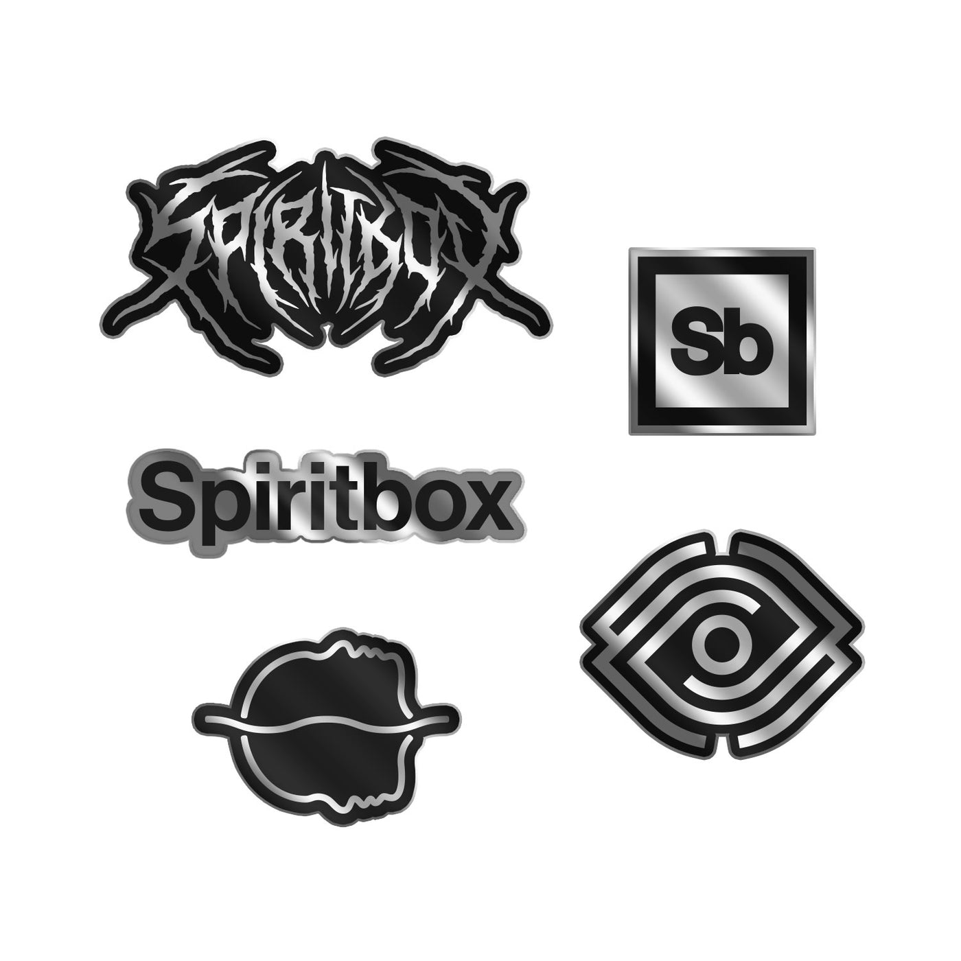 The Spiritbox Sticker Pack includes five black and silver stickers: a jagged logo, an “Sb” square, the Spiritbox wordmark, a stylized oval, and a geometric eye-like symbol.