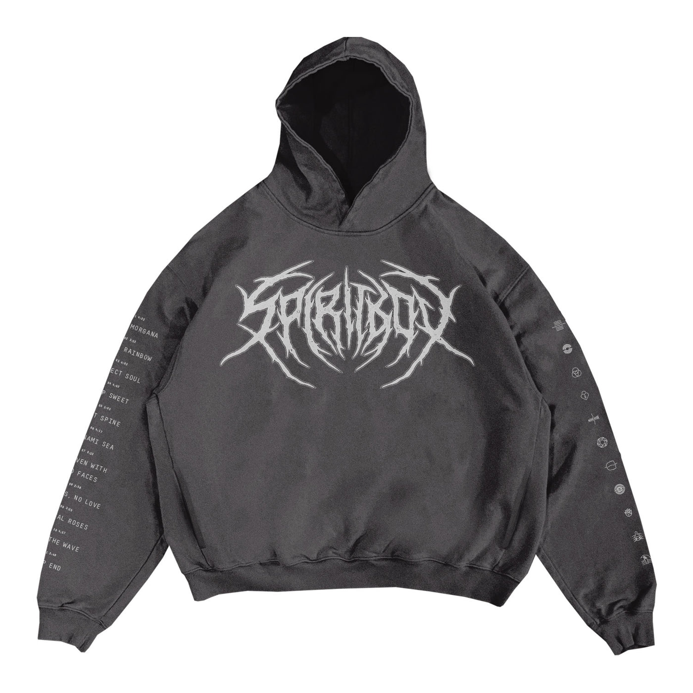 A black heavyweight Spiritbox hoodie, featuring a stylized jagged white logo on the chest and white text down both sleeves, inspired by death metal designs. The hood is up and the hoodie is laid flat on a white background.