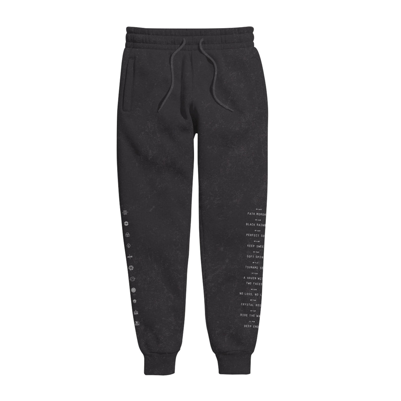 Spiritbox Black Album Branded Jogger Sweatpants feature an elastic waistband, drawstring, side pockets, and small white text on the right thigh and lower left leg. These heavyweight sweatpants have a relaxed fit and ribbed ankle cuffs.