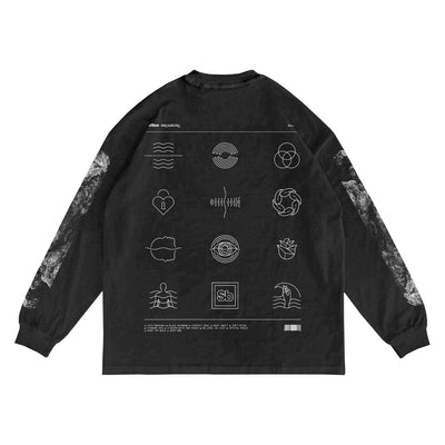 Spiritbox faded black long sleeve shirt featuring white abstract geometric symbols and patterns on the back, marbled grey designs down both sleeves, small text and barcodes near the hem; heavyweight cotton, oversized fit.
