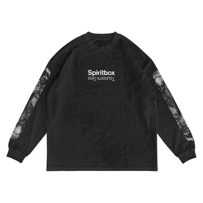 A faded black Spiritbox long sleeve shirt features "Spiritbox" and "Eternal Sea" in white on the chest, heavy weight cotton, an oversized fit, and gray marbled arm patterns.