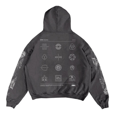 The Spiritbox heavyweight black fleece hoodie features white geometric and abstract symbols with scientific-style diagrams on the back. Marble-textured sleeves add a bold, unique touch to this essential hoodie.