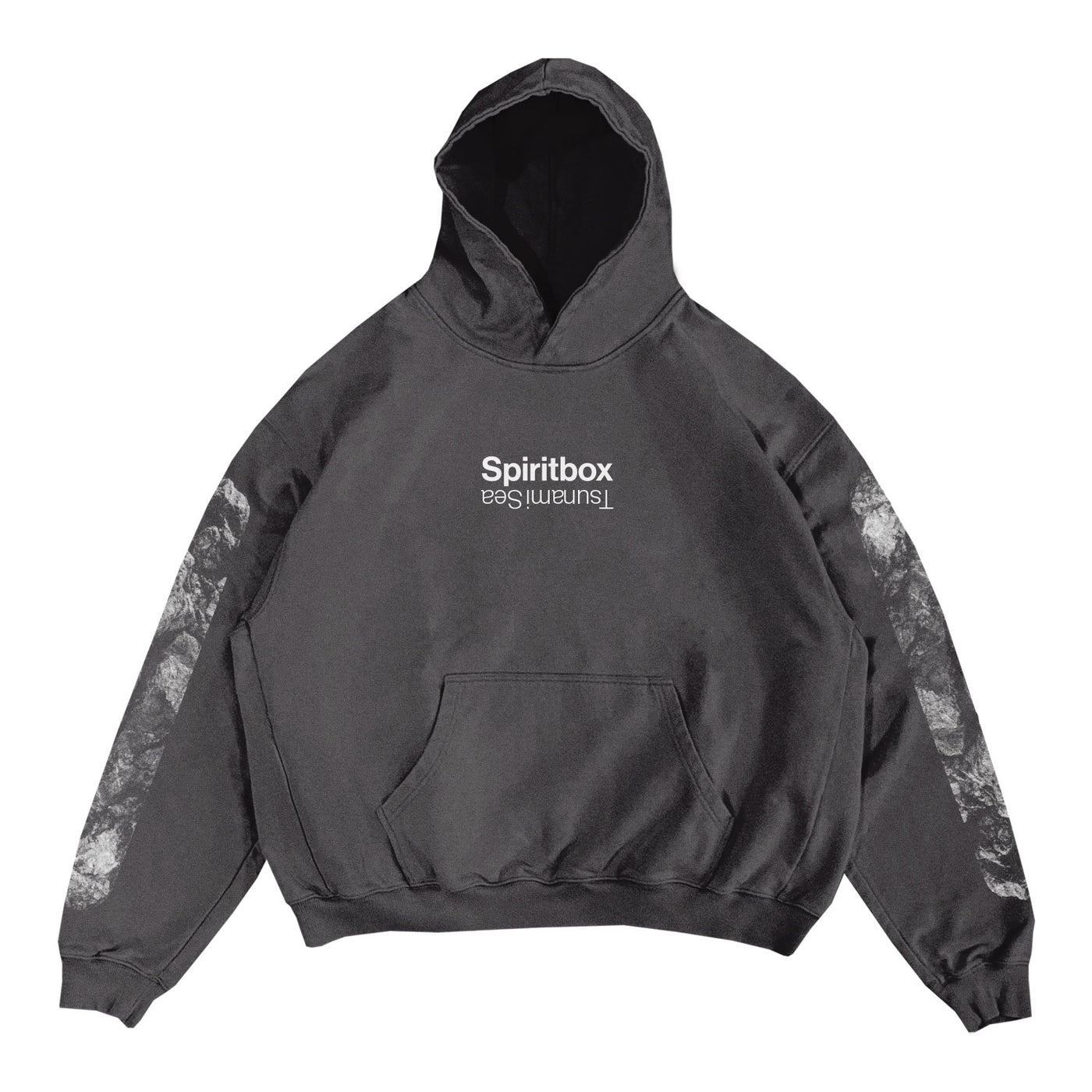 The Spiritbox heavyweight fleece hoodie features an upside-down mirrored Sunm/Esa logo on the chest, light gray textured sleeve patterns, and a front kangaroo pocket—an essential for any Spiritbox fan.