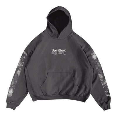 The Spiritbox heavyweight fleece hoodie features an upside-down mirrored Sunm/Esa logo on the chest, light gray textured sleeve patterns, and a front kangaroo pocket—an essential for any Spiritbox fan.