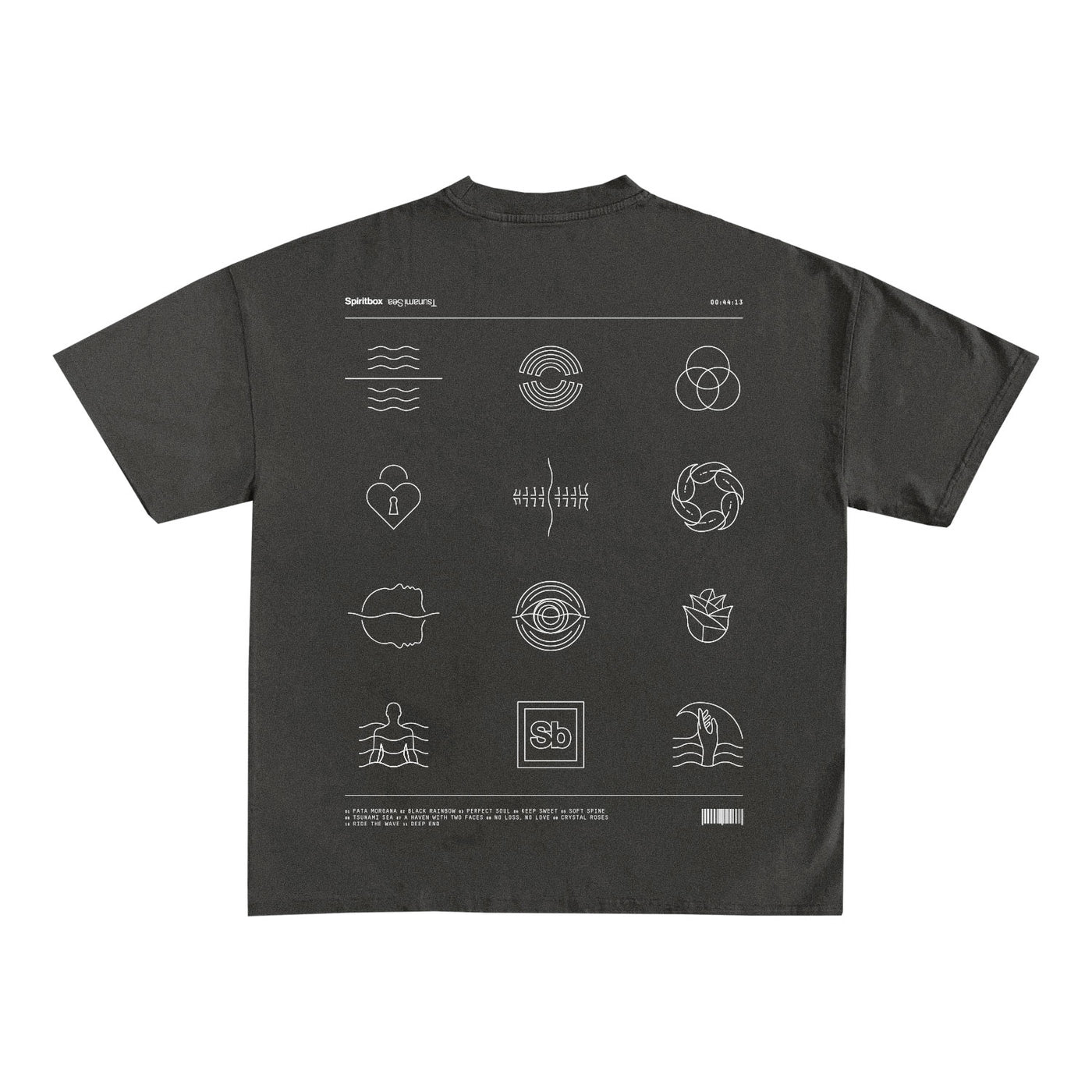 The Spiritbox Black Shadow T-Shirt is made from heavyweight USA cotton, with white minimalist line art symbols in a grid on the back and subtle text details at the top and bottom.