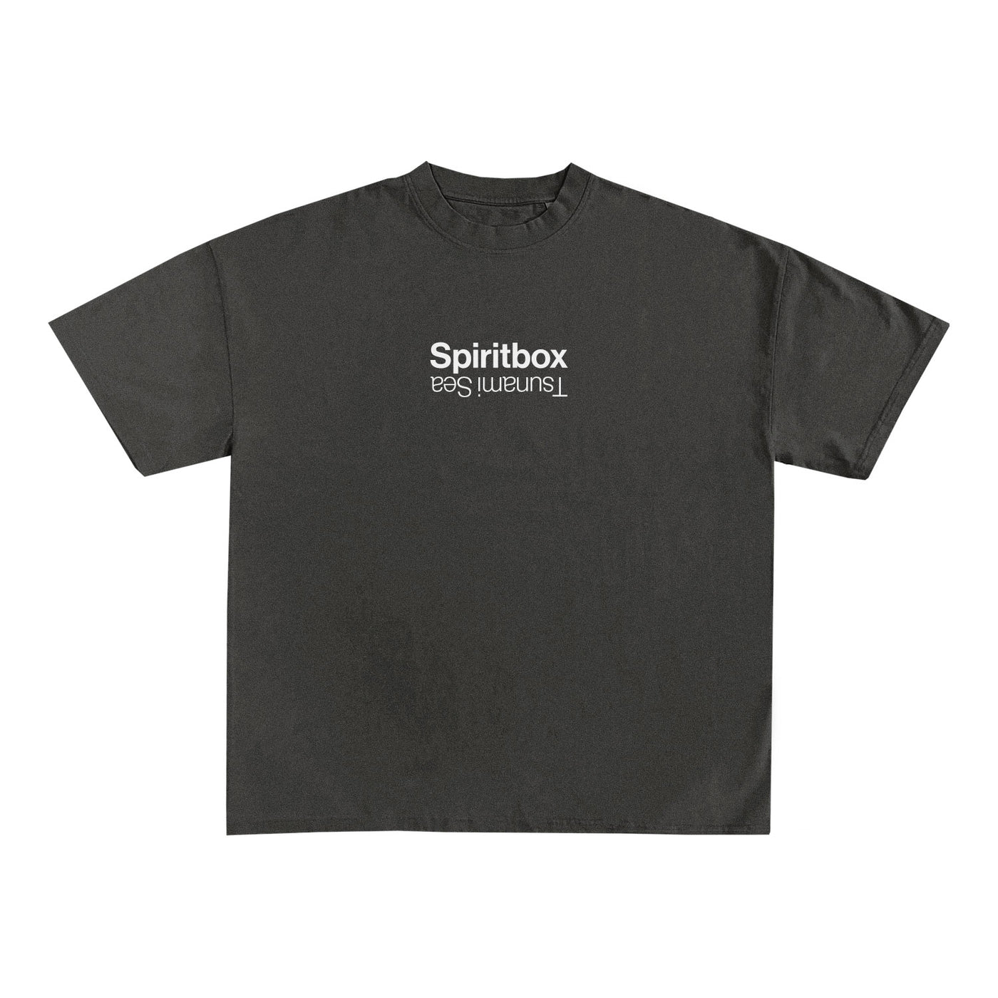 The Spiritbox Shadow T-Shirt is a heavyweight black streetwear tee made from premium USA cotton, with "Spiritbox" in white on the chest and "uturnmiS ssa" printed upside down beneath it.