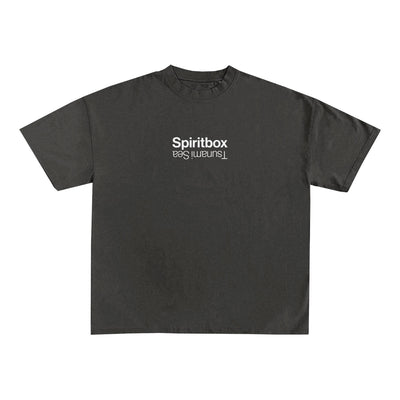 The Spiritbox Shadow T-Shirt is a heavyweight black streetwear tee made from premium USA cotton, with "Spiritbox" in white on the chest and "uturnmiS ssa" printed upside down beneath it.