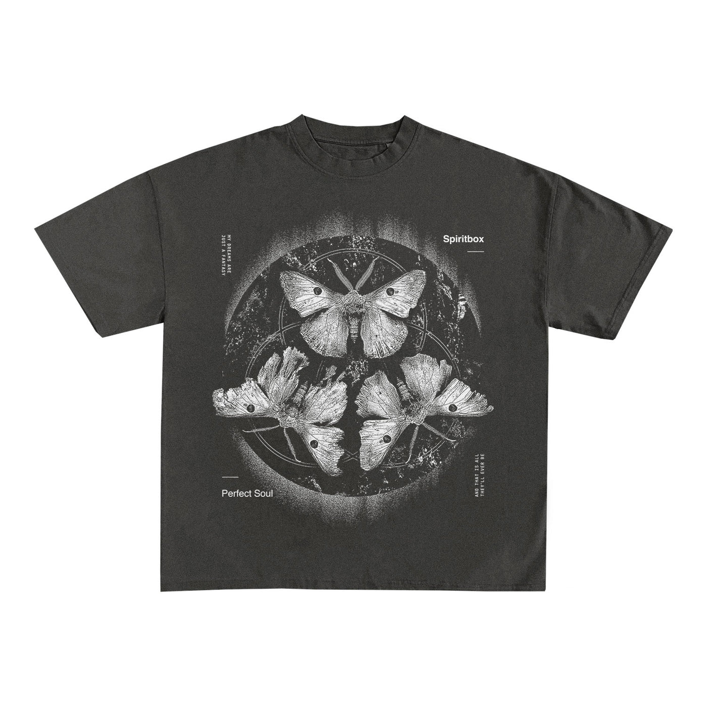 Spiritbox black heavyweight streetwear Shadow T-Shirt features a bold white butterfly and leaf circular graphic, plus Spiritbox and Perfect Soul accents—crafted from premium USA cotton for comfort and style.