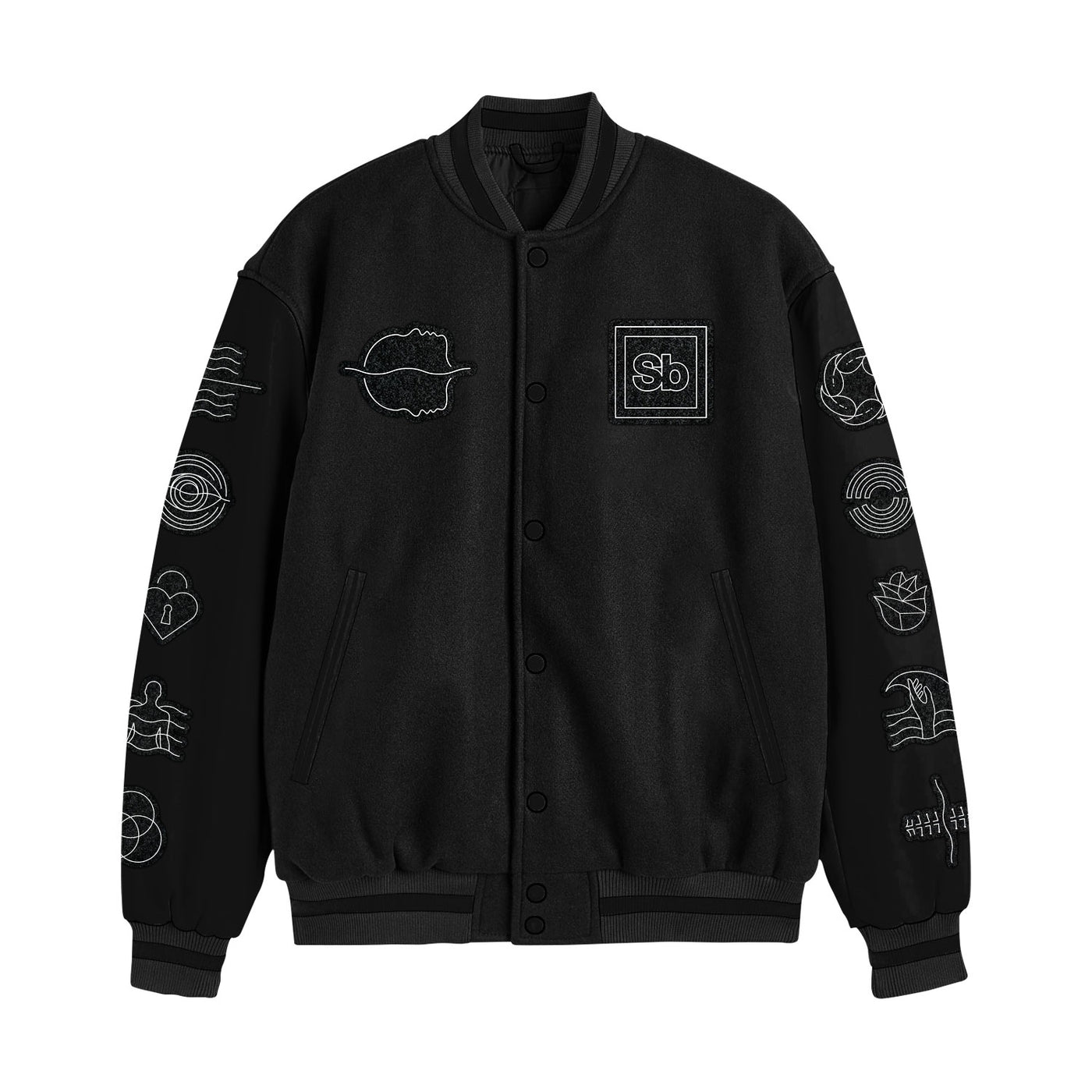 The Spiritbox custom varsity jacket features black buttons, two front pockets, and embroidered white symbols—chenille embroidery and a stitched Sb logo—adorning the chest and sleeves for a standout look.