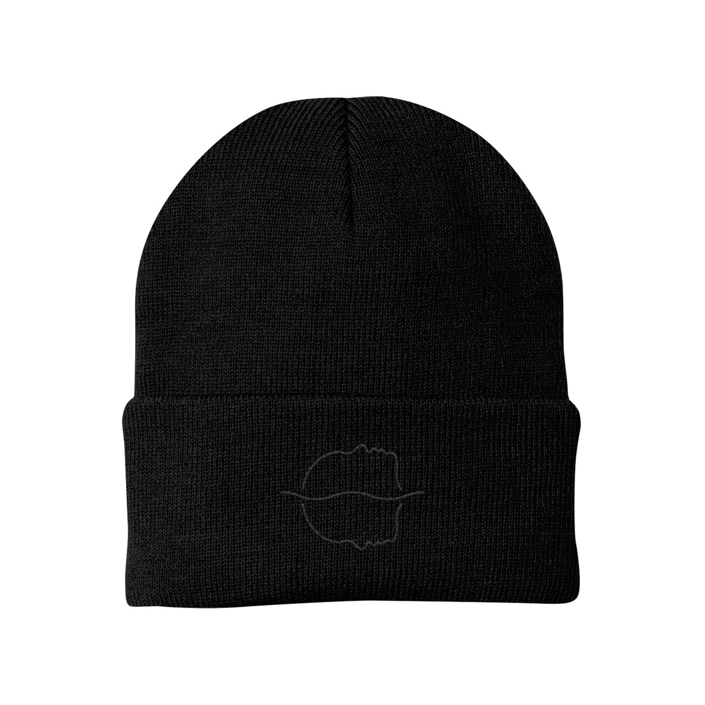 This black Spiritbox beanie features a folded brim and a subtle outline of lips embroidered on the front, blending style with understated design.