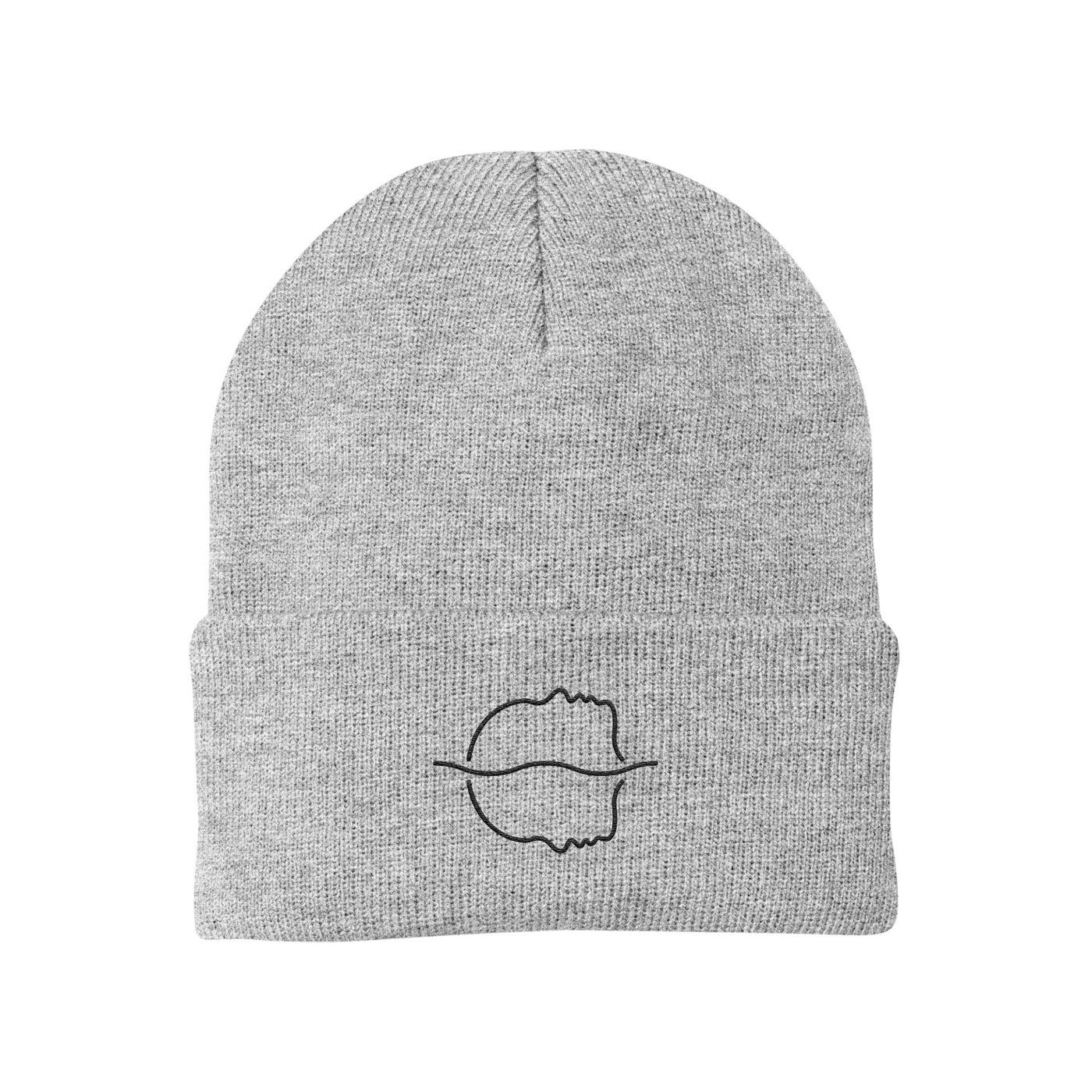 The Spiritbox Heather Beanie is light gray with a folded brim and showcases a simple black outline of two overlapping faces in profile on the front.