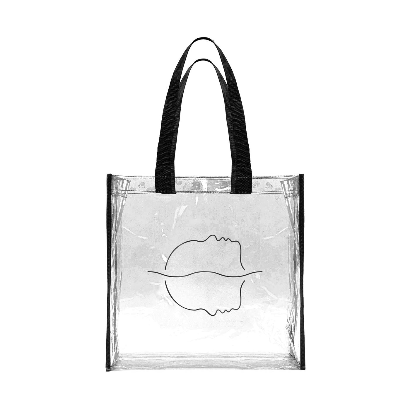 This clear Spiritbox Icon Tote features black handles and trim, plus a minimalist line drawing of a face in profile on the front.