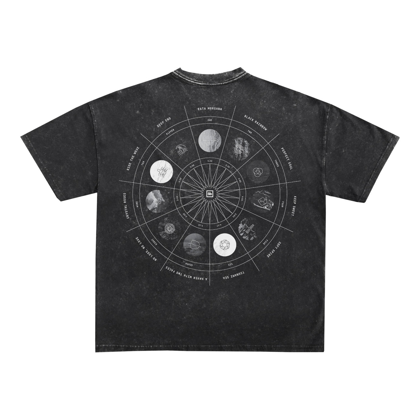 The Spiritbox black Zodiac Stone Wash T-Shirt features a faded texture, a circular planetary diagram with text labels and radiating lines on the back. Made from heavyweight cotton, this oversized tee combines style and comfort.