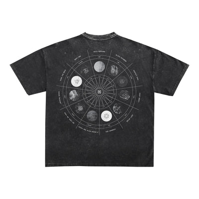 The Spiritbox black Zodiac Stone Wash T-Shirt features a faded texture, a circular planetary diagram with text labels and radiating lines on the back. Made from heavyweight cotton, this oversized tee combines style and comfort.