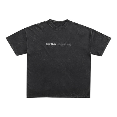 The Spiritbox Zodiac Stone Wash T-Shirt is black, oversized, and made from heavyweight cotton. It features "Spiritbox" in white on the chest and reversed white text reading "Eternal Blue," all with a faded, washed-out look.