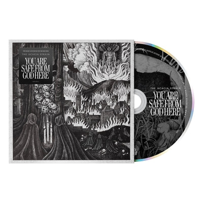 A CD and case for The Acacia Strain’s You Are Safe From God Here, with black-and-white dystopian art. Features A CALL BEYOND motif, robed figures, flames, dark clouds, and the title displayed prominently on both disc and case.