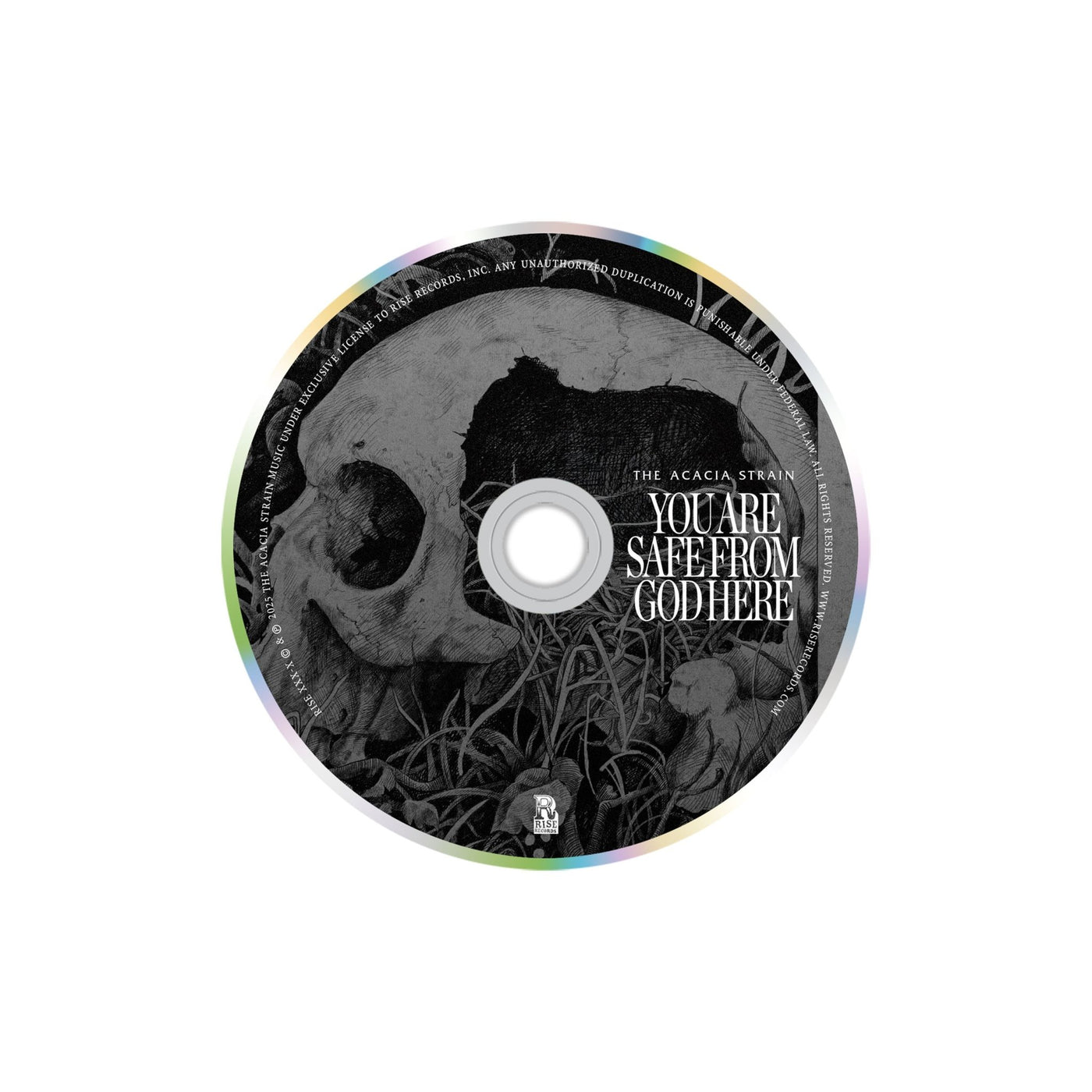 A CD presale from The Acacia Strain featuring a black and white skull entwined with roots. “The Acacia Strain – You Are Safe From God Here” is printed on the right. Includes instant download.