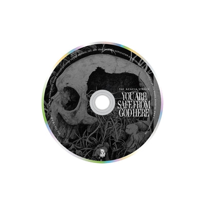 A CD presale from The Acacia Strain featuring a black and white skull entwined with roots. “The Acacia Strain – You Are Safe From God Here” is printed on the right. Includes instant download.