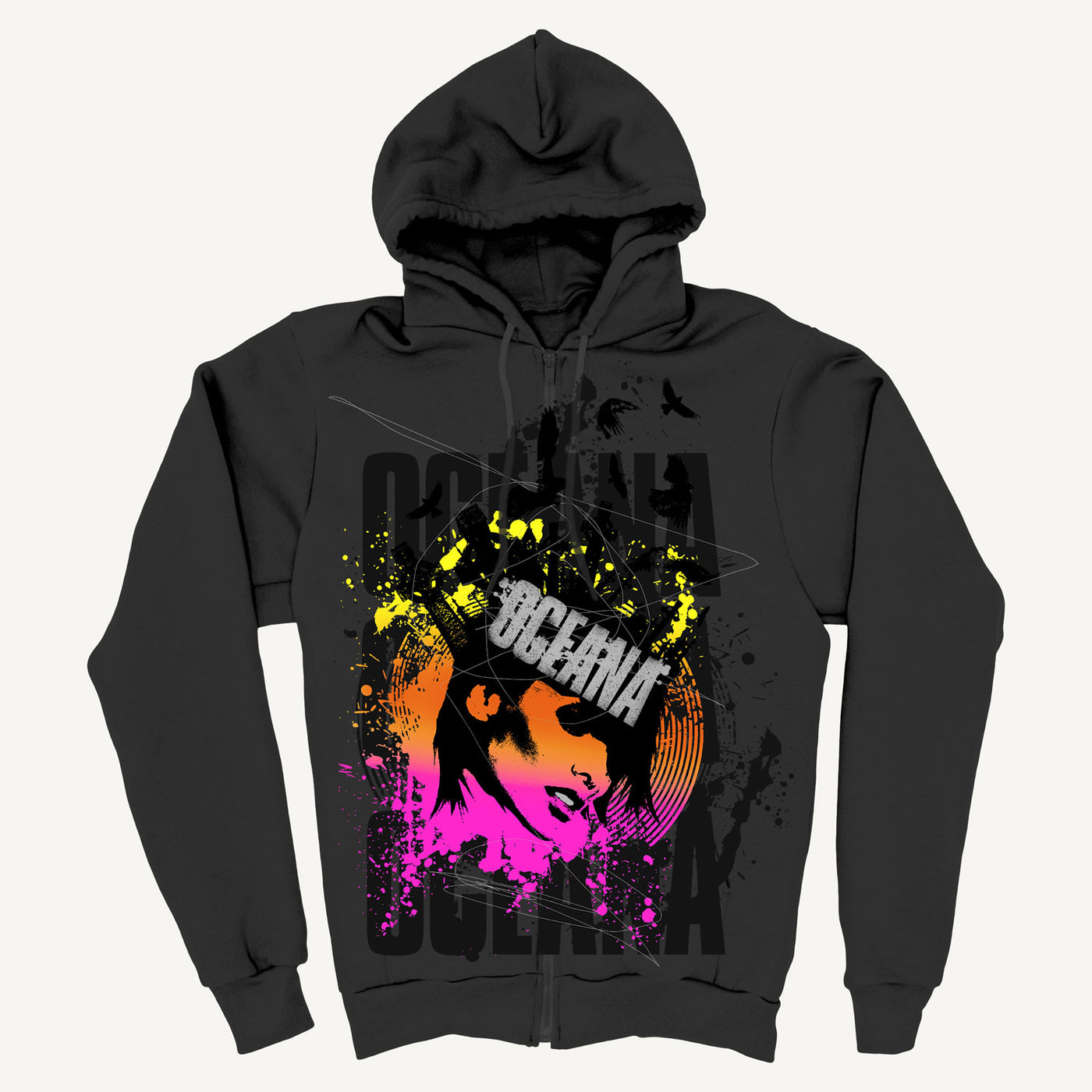Dark gray zip-up hoodie by Oceana featuring a colorful abstract graphic of a woman's face with yellow, pink, and orange splashes, boldly displaying "Grave Girl" and Oceana across the design.