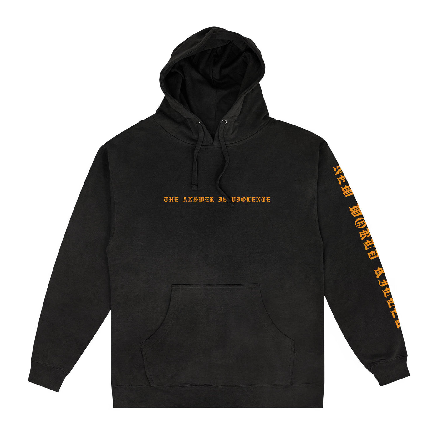 The Spite IND4000 pullover is a black sweatshirt with a front pocket, orange THE ANSWER IS INFINITE chest text, and orange print on the right sleeve. Now available for presale—grab this exclusive piece before its gone!.