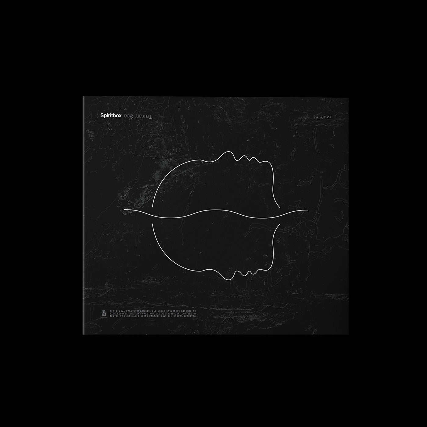 A black square shows two mirrored white line drawings of human profiles on a textured, abstract background with faint map-like lines, evoking a tsunami sea. The text reads Spiritbox GODS (SLEEPER), referencing the brand Spiritbox.