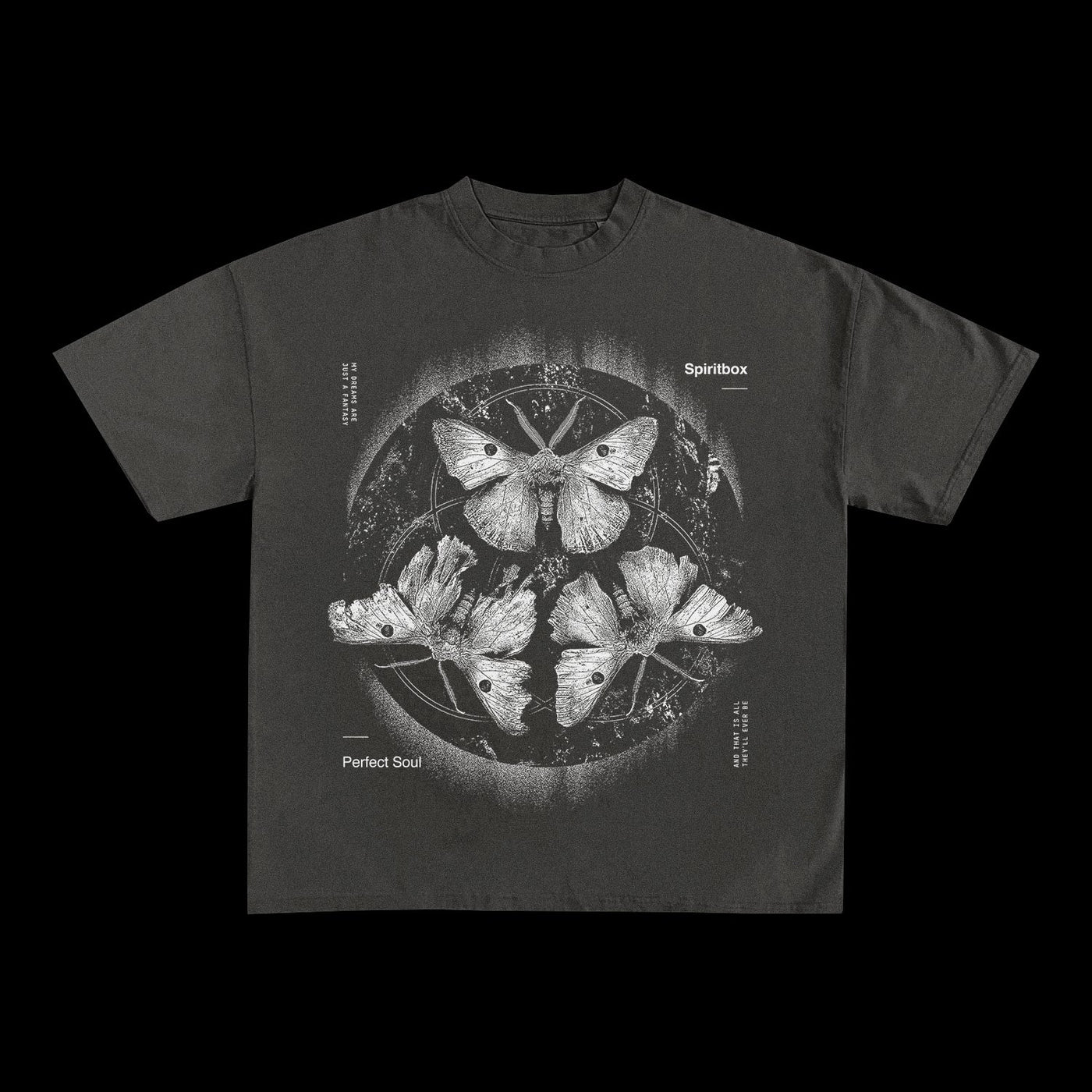 The Spiritbox Shadow T-Shirt is black and features four detailed moths in a circle, with intricate patterns. Made from heavyweight garment dye, it has Spiritbox at the top right and Perfect Soul at the bottom left in white text.